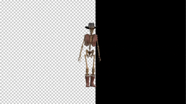футаж, танцующий скелет в ковбойской шляпе и сапогах на прозрачном фоне