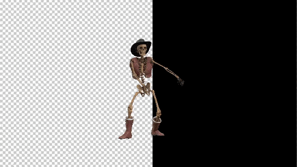 футаж, танцующий скелет в ковбойской шляпе и сапогах на прозрачном фоне версия 2