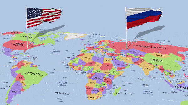 Флаги России и Соединенных Штатов стоят на карте и развеваются на ветру