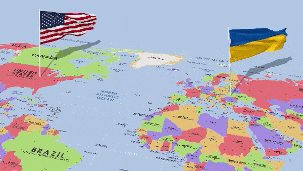Флаги Украины и Соединенных Штатов стоят на карте и развеваются на ветру